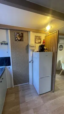 Cuisine ou kitchenette dans l'établissement Chalet climatisé en Haute-Corse 500m plage - camping Marina di Sorbo