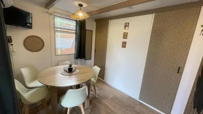 Télévision ou salle de divertissement dans l'établissement Chalet climatisé en Haute-Corse 500m plage - camping Marina di Sorbo