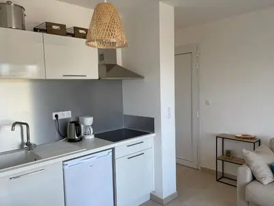 Cuisine ou kitchenette dans l'établissement Appt Lumineux pieds dans l'eau N181