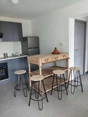 Cuisine ou kitchenette dans l'établissement Haute-Corse Bas de villa , 2 chambres de 70 m2 , vue mer , jardin et terrasse