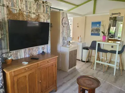 Télévision ou salle de divertissement dans l'établissement Chalet en bois climatisé À 300 m de la plage Marina di Sorbo 6 personnes