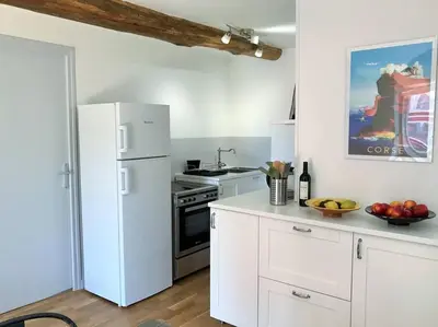 Cuisine ou kitchenette dans l'établissement Charmant T3 Centre ville Corté